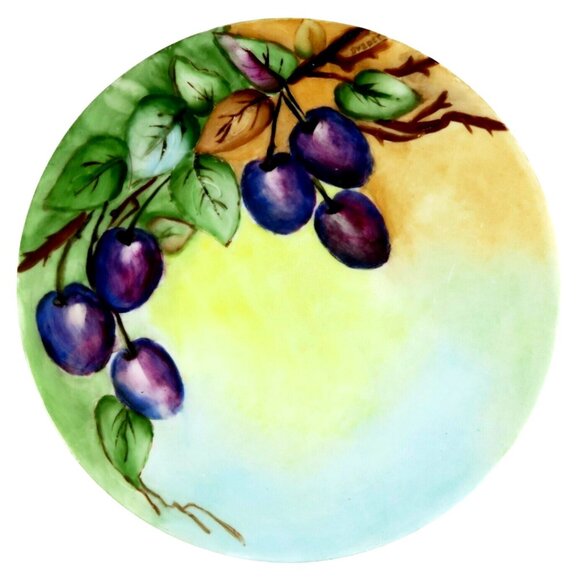 Hermann Ohme Silesia Porcelain Plate, Hand Painted Plums, Signed Draper, 1911 - Picture 1 of 5